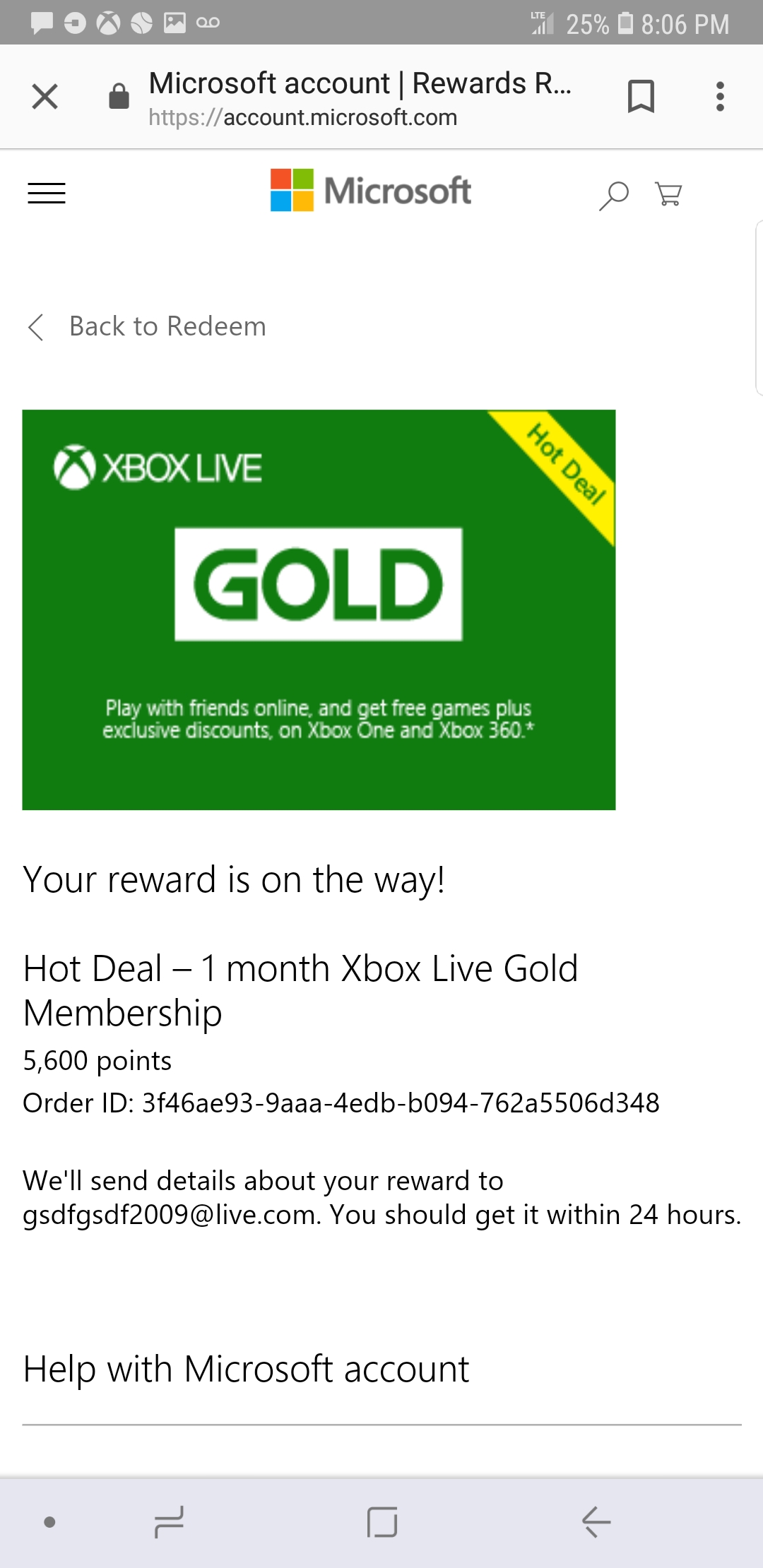 Never received a email about my microsoft rewards purchase [​IMG]