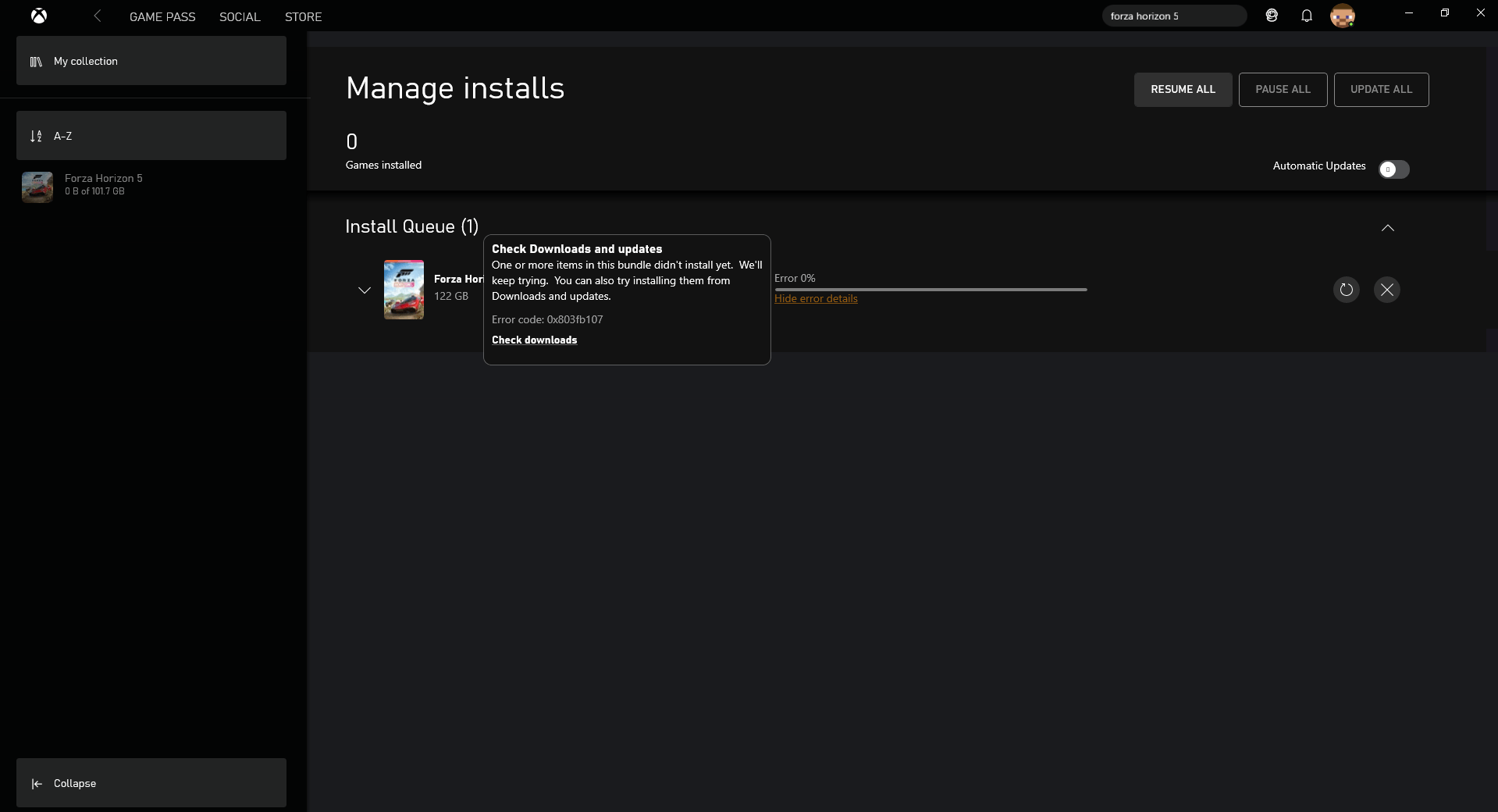 Can't download Forza Horizon 5 it's bugged Error 0x803FB107 [​IMG]