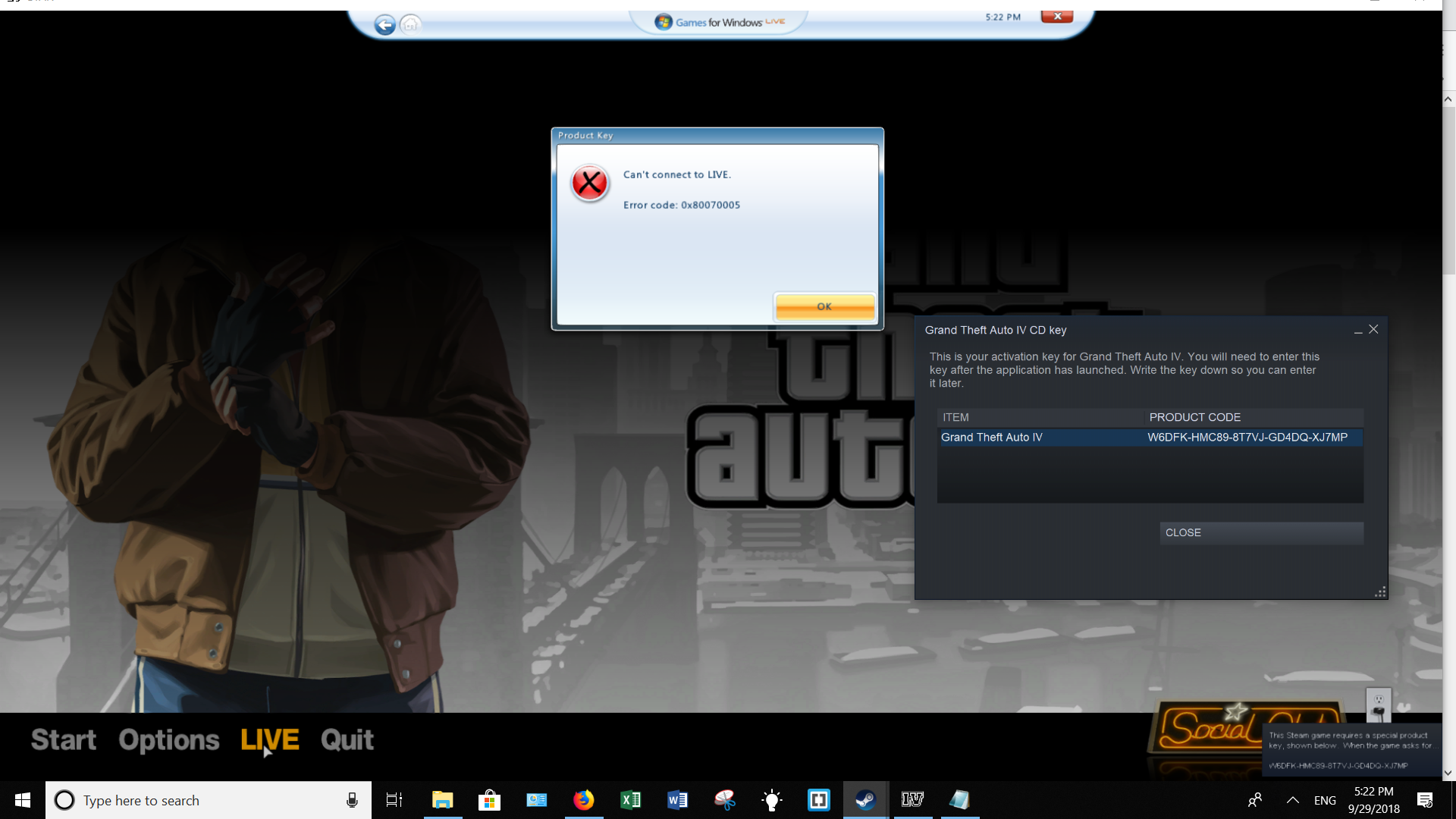 GTA4 on Windows10 bought on Steam Windows LIVE error code 0x80070005 "can't connect to LIVE" ... [​IMG]