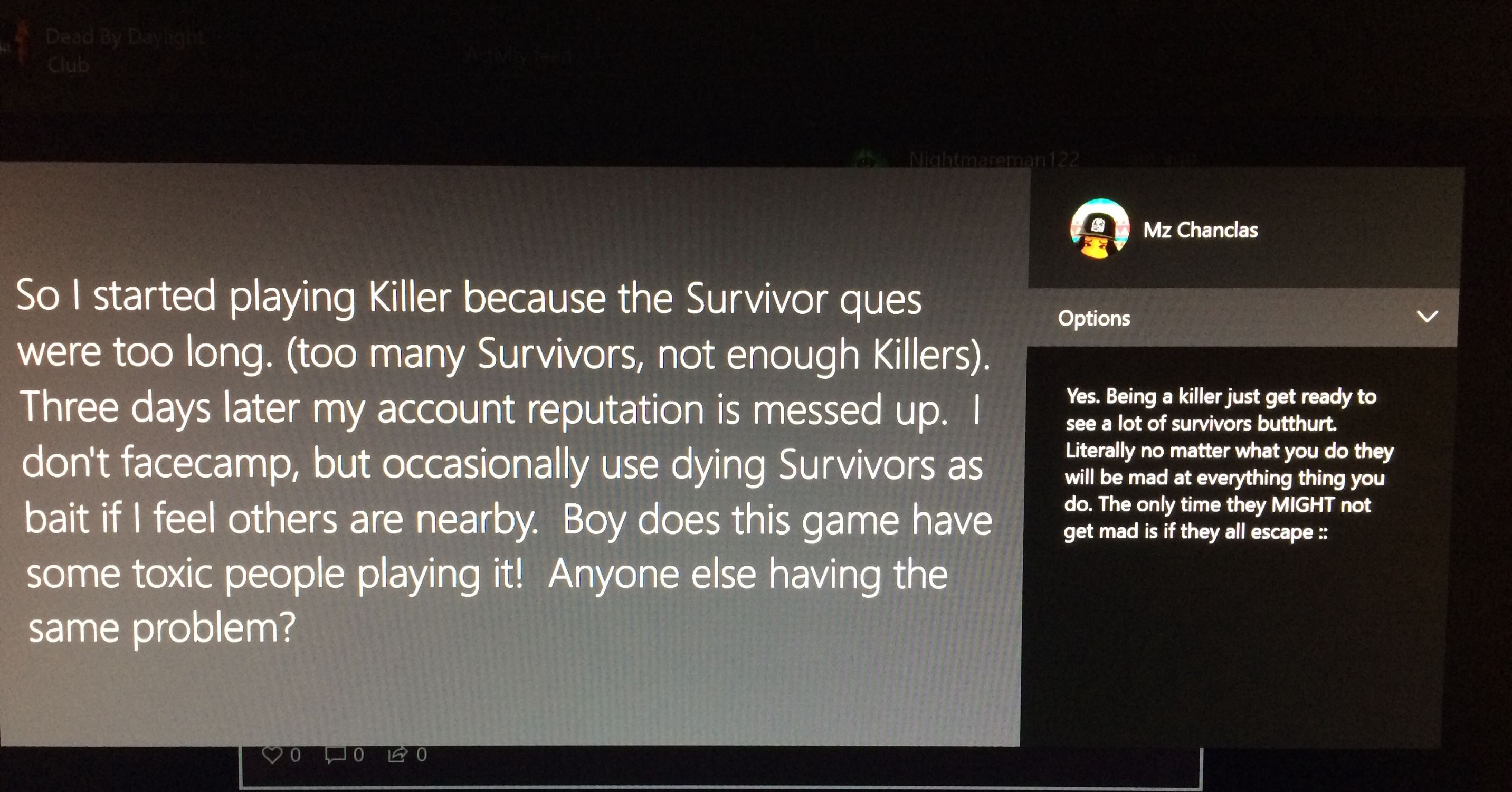 Sore losers giving Killer negative XBL account rep - Dead by Daylight [​IMG]