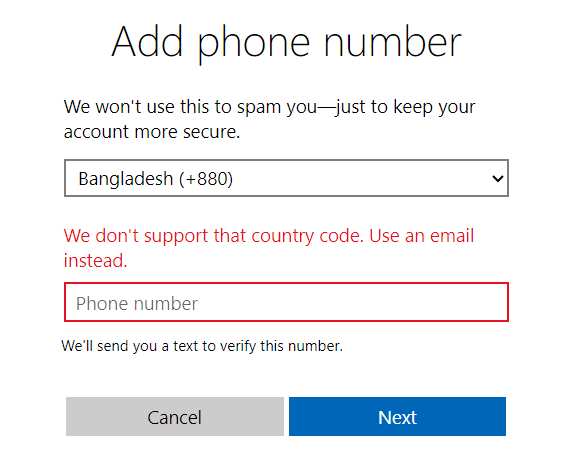 Why can't I add phone number on microsoft account in Bangladesh? [​IMG]