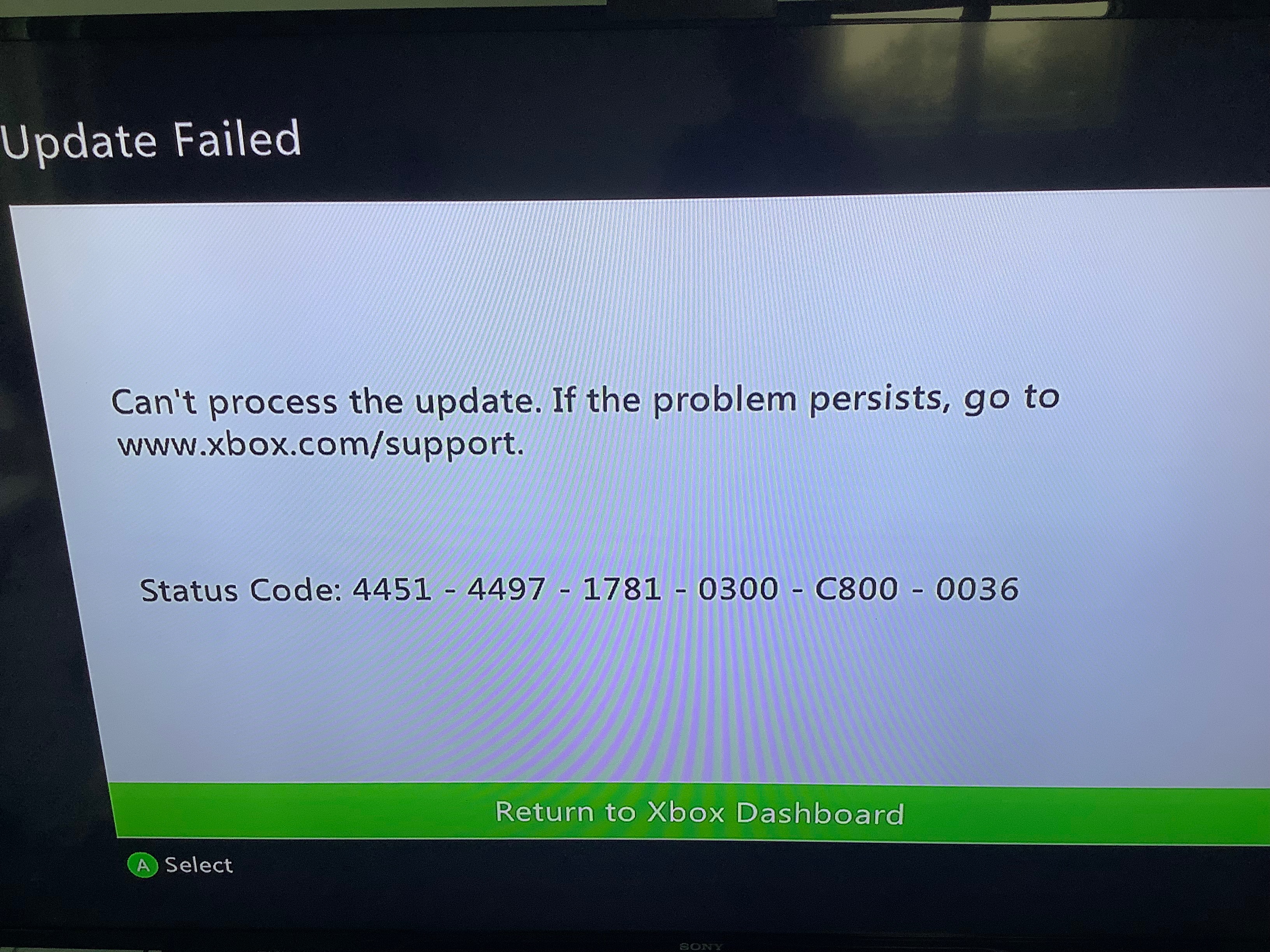 Xbox 360 update can’t be processed Status code 4451-4497-1781-0300-C800-0036 [​IMG]