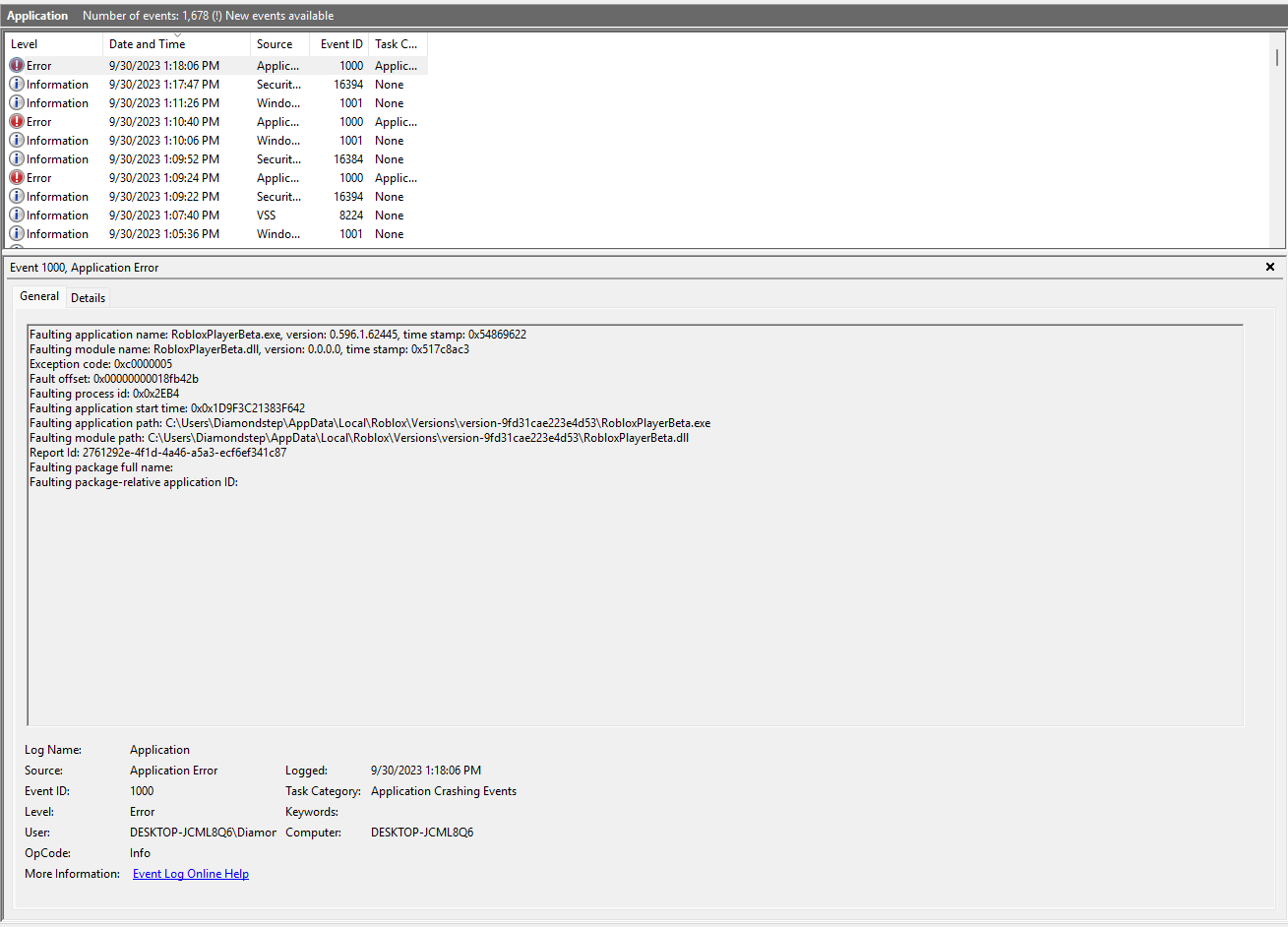 Roblox will not launch when play pressed, left me errors in event viewer [​IMG]