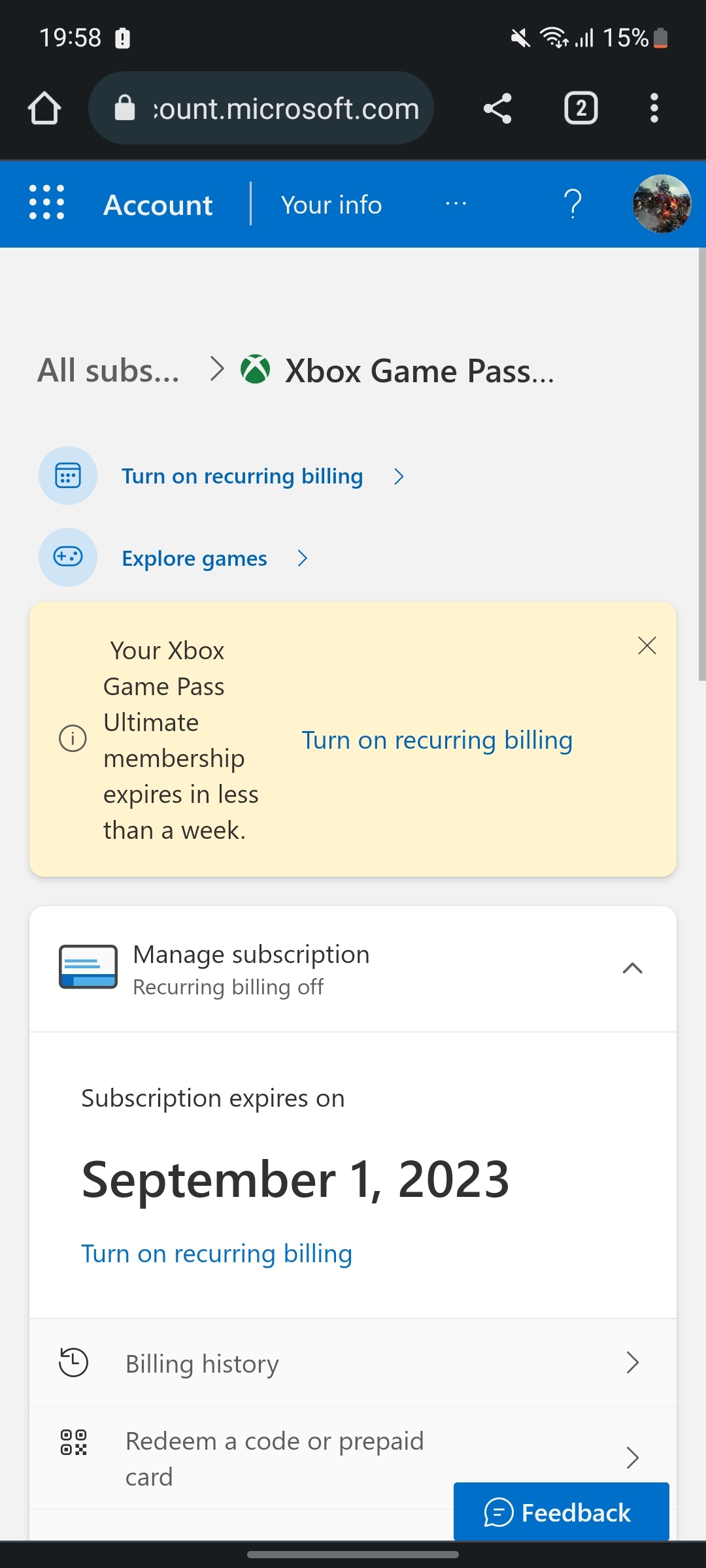 I have been charged for game pass ultimate and after that I turned off recurring billing,... [​IMG]