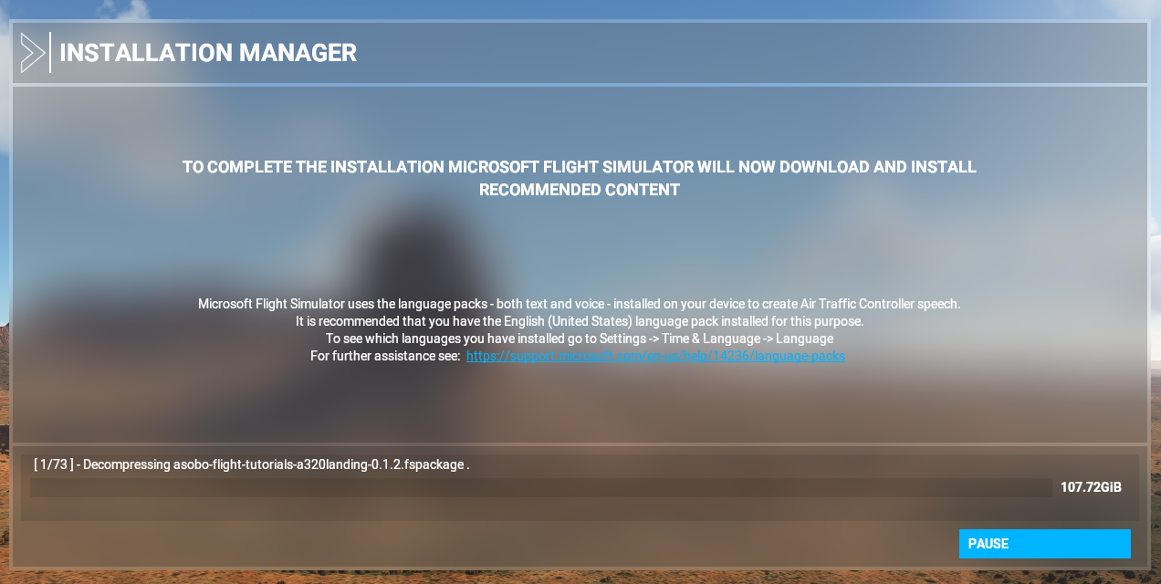 Microsoft Flight Simulator stuck on Decompressing asobo-flight-tutorials. [​IMG]