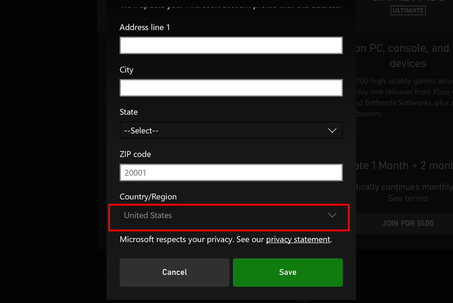 xbox app billing info page locks me to US when im not in the US and the Microsoft account... [​IMG]