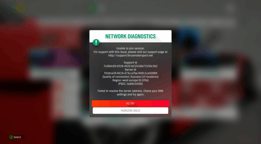 Forza Horizon 4 on x box one s is not connecting to horizon live sessions. [​IMG]