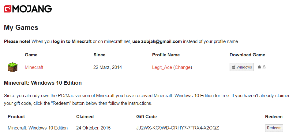 Minecraft Windows 10 Editon Redem code already resolved on an older Windows 10 version [​IMG]