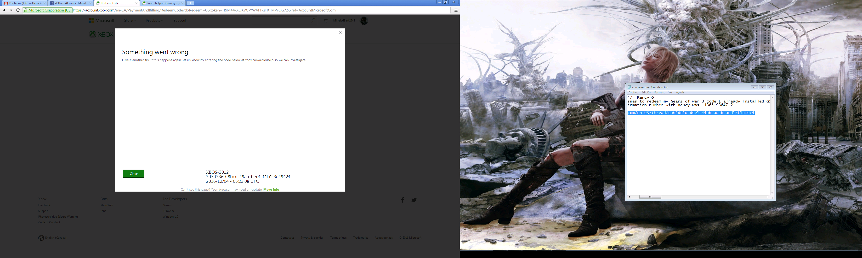 I need help redeeming my code Gears of war 3 [​IMG]
