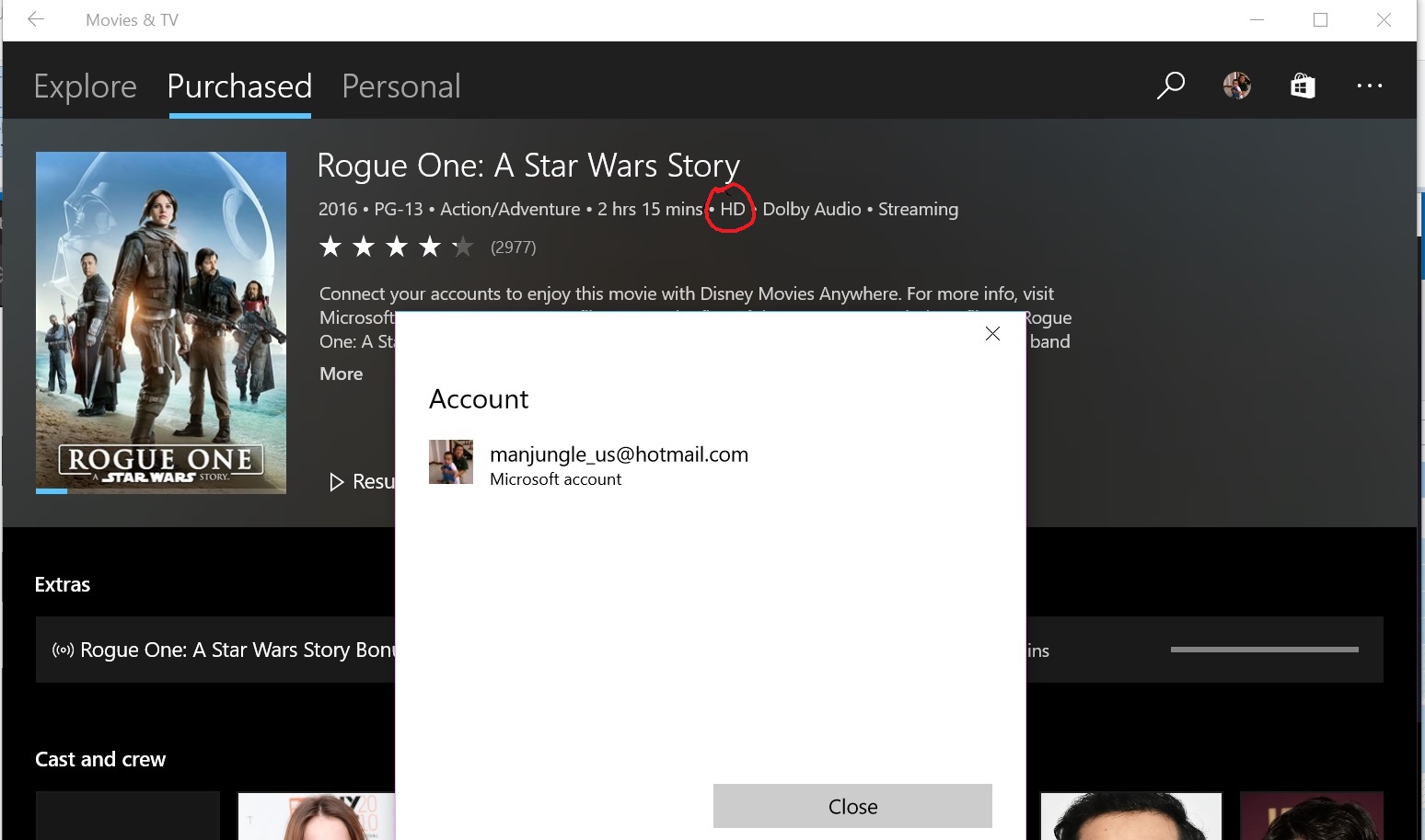 Star Wars Rogue One purchased in HD on March 25 but no rewards credit [​IMG]