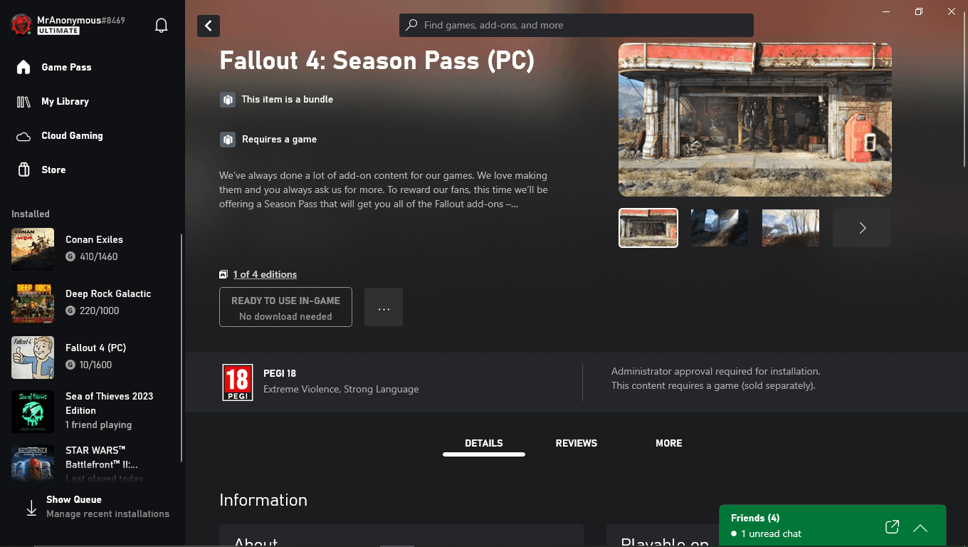 Fallout 4 Season pass not letting me play DLCS or Install on Xbox Game pass For PC [​IMG]