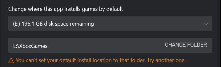 Can't install games on my external drive. There is a message: "You can't set your default... [​IMG]