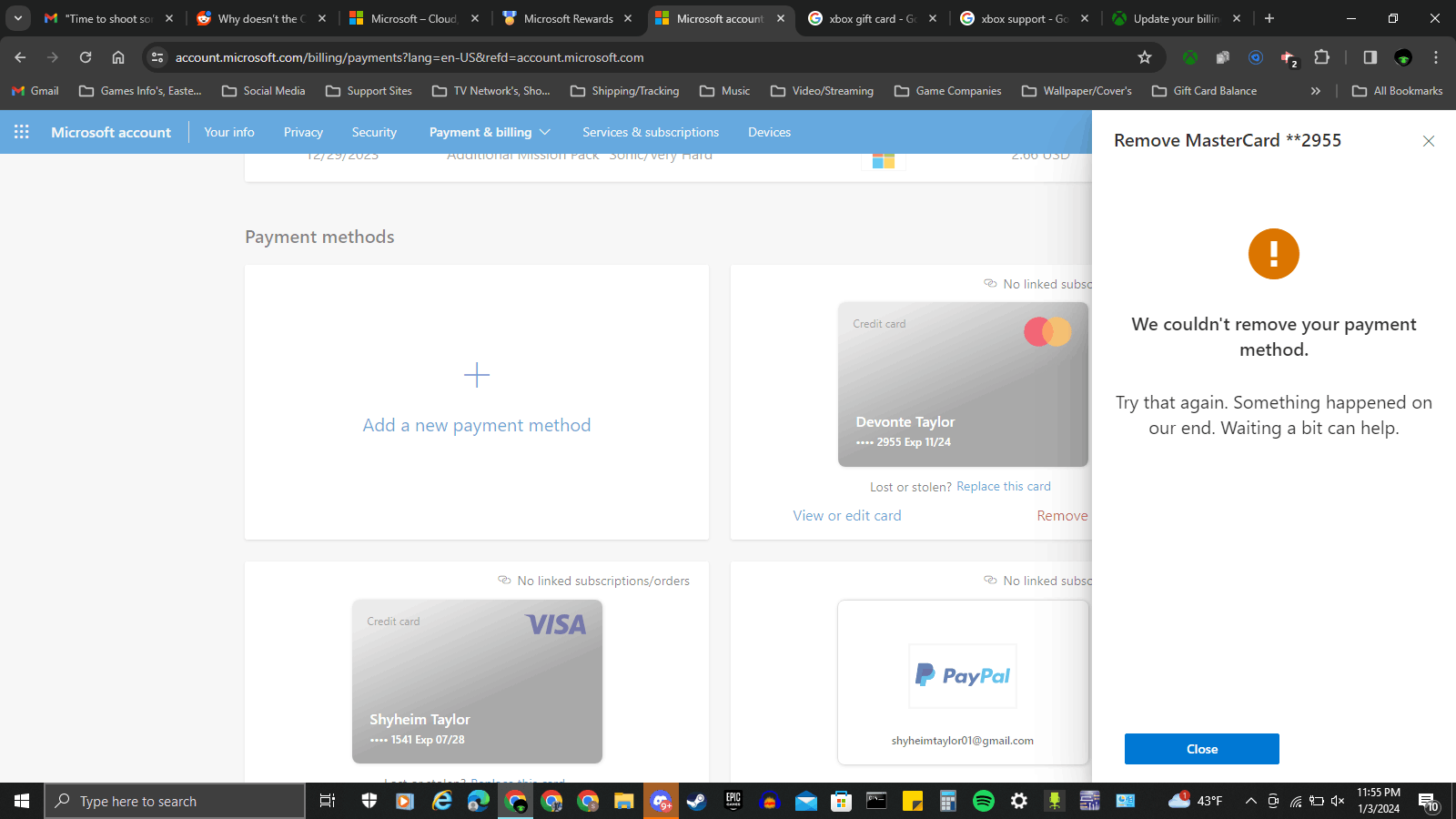 How do I remove a stuck payment method from my Microsoft Account? [​IMG]