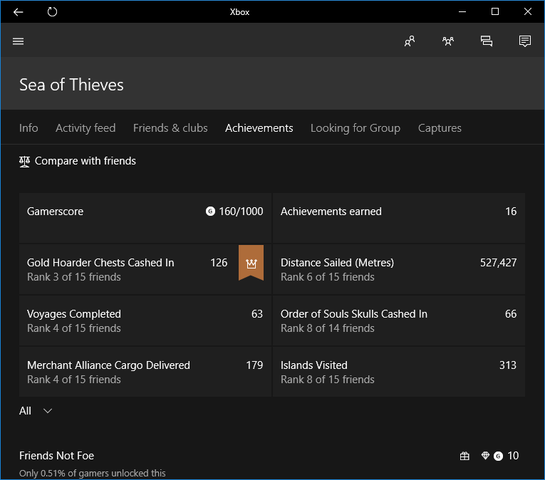 Sea of Thieves play time in the Xbox app on Windows 10 [​IMG]