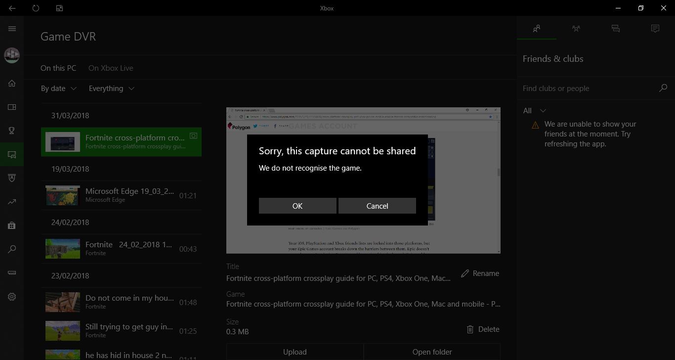 Cant upload screen shot or game clip from game dvr [​IMG]